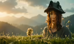 a young woman with a black hat on is lying in the grass