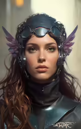 the woman wearing a helmet with metal wings