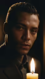 a man holding a lit candle with a look on his face