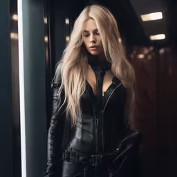 the beautiful blond girl is posing in her outfit,a woman wearing black leather looks down while standing in a room
