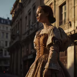 a woman in a dress is standing by some buildings