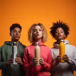 three women holding containers while one holds an orange and grey bottle