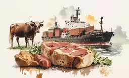 an artistic drawing shows meat, garlic bread and cow