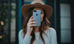 woman wearing a brown hat holding up an iphone