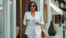 a woman in a white suit and sunglasses holding a coffee