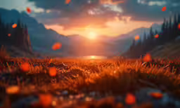 bright red light on grass at sunset