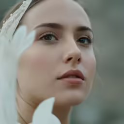 woman with large blue eyes in white dress