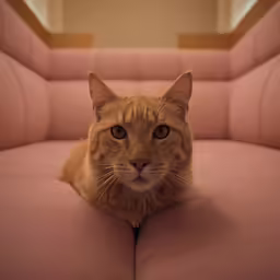 a cat sitting on a pink sofa with its eyes closed