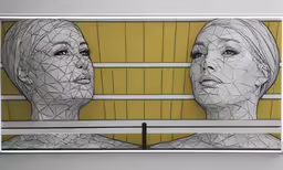 two dimensional portraits of two women made from pieces of plastic