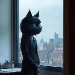 a man in a business suit next to a large cat head