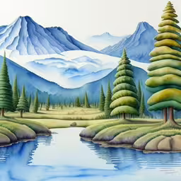 painting of a mountain river and pine trees,a painting of mountains, trees and water