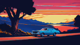 a car sitting on the side of a road as the sun sets,the car is driving on the road in front of the trees