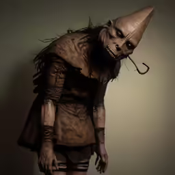 a creepy woman standing next to a wall