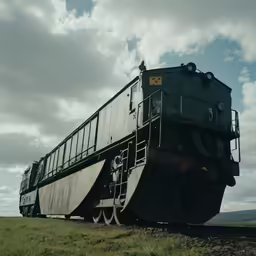 a green train engine sitting in the grass