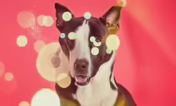 the dog is posing for the camera, with bright boke