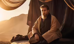 man in the middle of his clothes is sitting near mountains