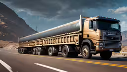 the brown tanker truck is driving down the highway,the truck is going down the road by a mountain