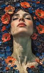a woman is wearing an orange, blue and black floral wreath around her head