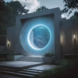 a circular window in a large concrete structure