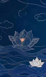the painting is floating on the water and has white leaves