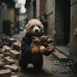 a white dog is holding a baby teddy bear