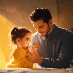 a young girl and man looking at something on the bed