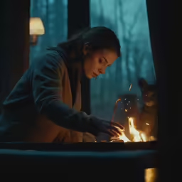 girl roasting fire in kitchen with cat sitting nearby