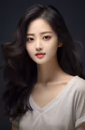 a woman with long black hair posing for a picture,an asian girl in white shirt posing for a camera