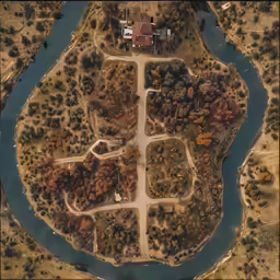 aerial view of a home surrounded by trees next to the river