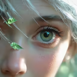 a child with an odd looking eye and a flower stuck to his face