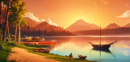 the painting depicts boats and mountains on a river,painting of boats on lake with mountain in background