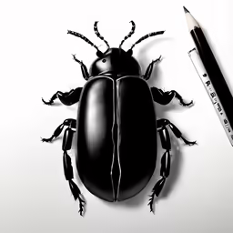 a beetle laying on a surface next to a pencil