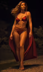 a woman wearing red lingerie walking down a road