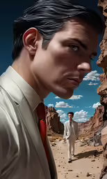 man in suit and red tie standing in desert