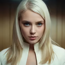 an attractive blonde woman with long hair looking into the camera