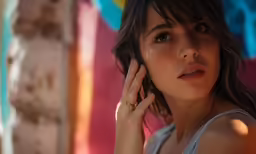 a woman is posing and talking on the phone