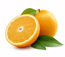 a cut up orange with two leaves on the edge