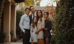 a family with three children is posing outside
