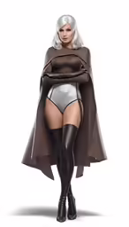 a woman in a white underwear wearing a cape