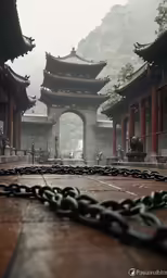 a bunch of chains on the ground near a building