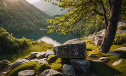 the sun shines through the trees near the mountain lake