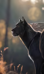 an adult black dog standing next to the woods