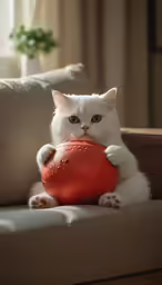 a white cat sitting on a couch with an orange ball