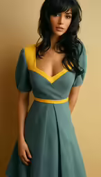 the woman is posing for a picture in the green dress