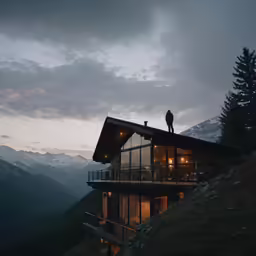 man standing on top of a building next to the mountains
