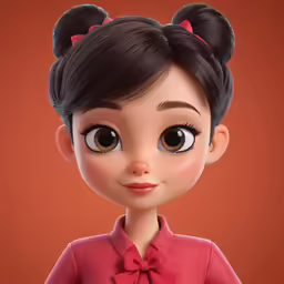 a cartoon character with big eyes wearing a red blouse
