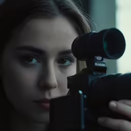 a woman that is looking into the distance with a camera