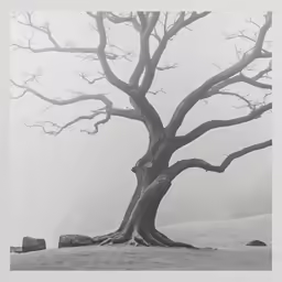 a bare tree in the middle of a field with rocks on the ground