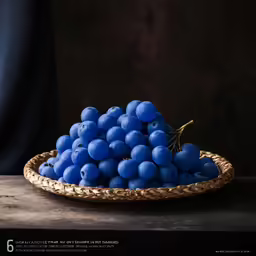 the blue grapes are arranged on a brown plate