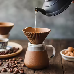 coffee being poured into a cup next to a plate with beans